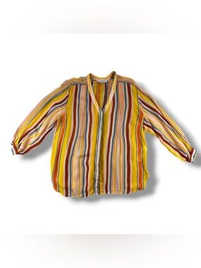 All Saints Adra Striped Multi-Color V-Neck Shirt Size US 10 Yellow Pink Sage